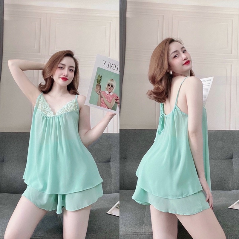 Đồ bộ nữ 2 dây sexy quyến rũ Lụa bigsize dưới 72kg mặc thoải mái - hở lưng phối ren cao cấp