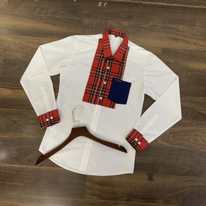 [Ảnh thật+Ktra hàng] Áo sơ mi phối vải đỏ kẻ caro thêu túi ngực