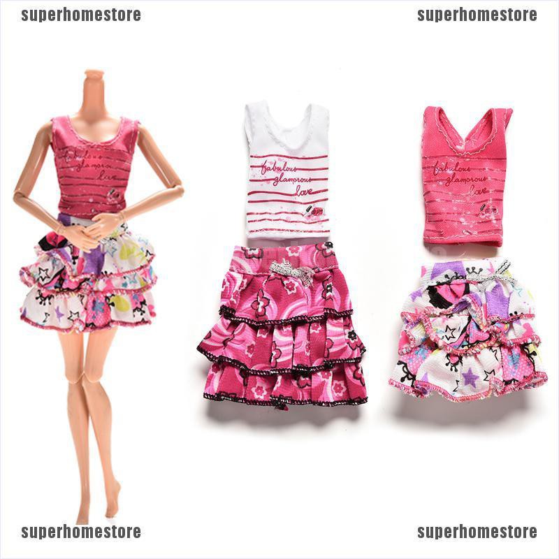 Bộ 2 món áo thun tay ngắn + chân váy xòe cho búp bê barbie