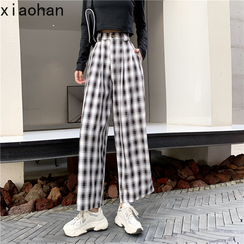 Xiaohan Lattice Wide-leg Pants Women's Drape Loose Straight Mopping High Waist Casual Trousers Gingham Plaid Pants