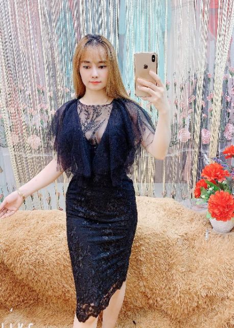 Đầm body dư tiêc tay loe phối kimsa phối ren anh thât