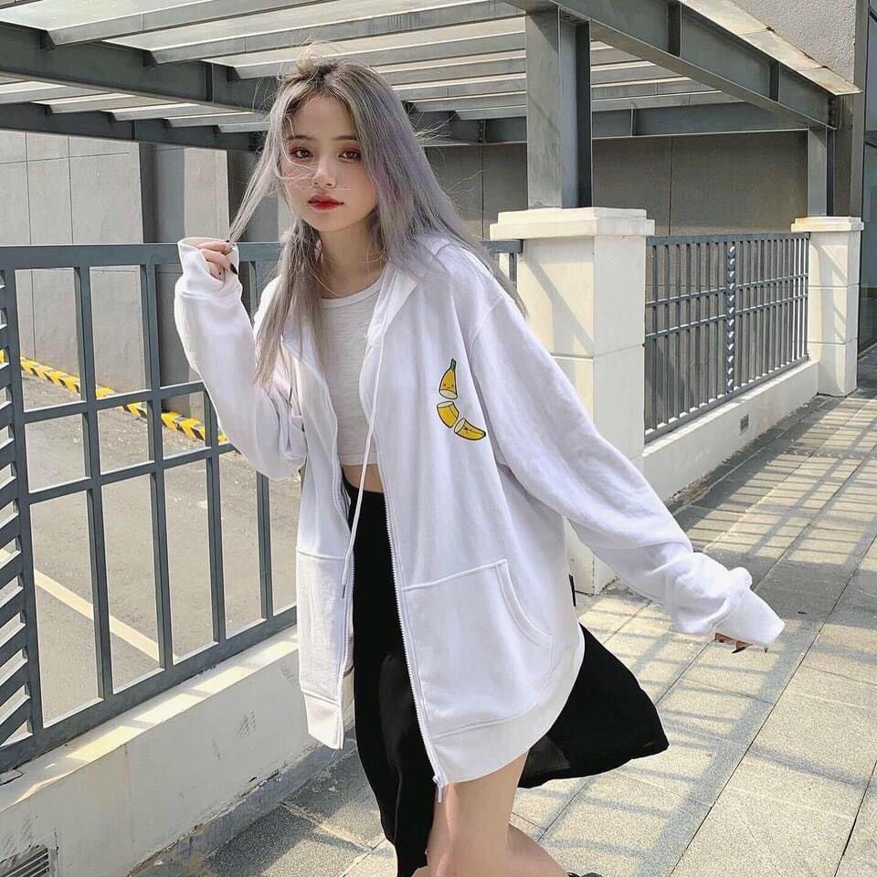 ÁO KHOÁC NỈ DÂY KÉO FORM RỘNG BANANA ULZZANG - ÁO HOODIE NỈ BÔNG CHUỐI ĐEN TRẮNG XANH