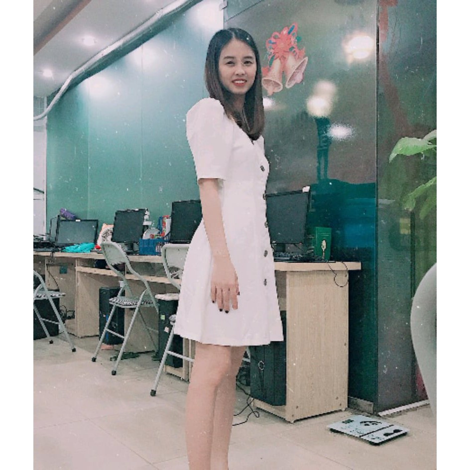 (Có ảnh thật) Đầm dáng xòe cổ U phối 6 nút hot trend Hàn Quốc, vải thun co giãn phù hợp mọi vóc dáng | BigBuy360 - bigbuy360.vn