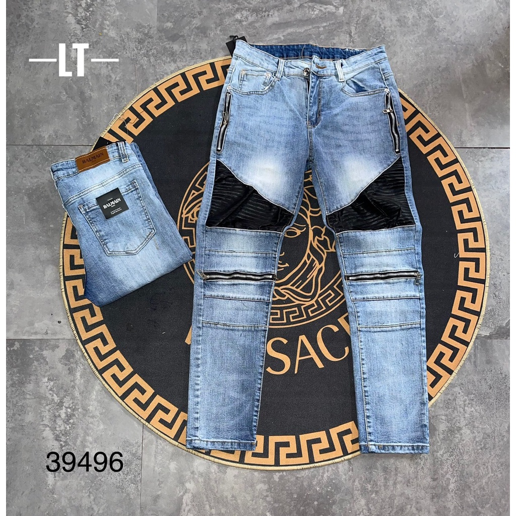 Quần Bò Xanh Nam Vá Da Tang Khóa Zip Chất Đẹp - Quần Jean Nam Phối 4 Zip Cực Hot Trend