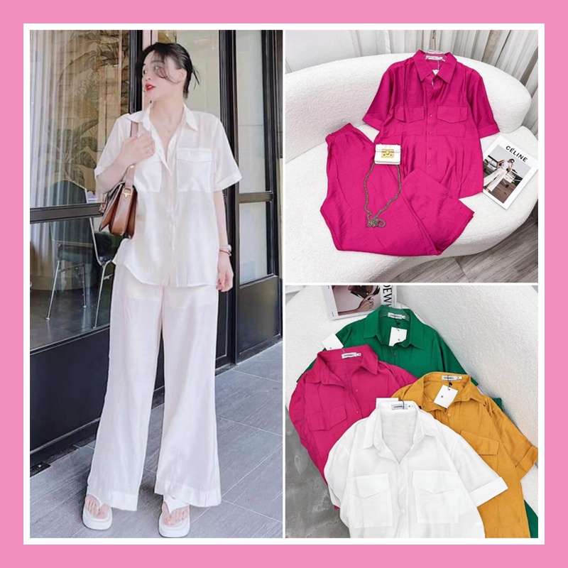 Set đũi đồ nữ quần ống rộng suông kèm áo sơ mi có BIGSIZE đũi lụa CAO CẤP siêu mát tách set phối đồ đi chơi đi làm DB03
