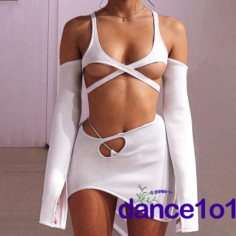 ✲EY✭Women´s Split Long Sleeve Cutout Shoulder Backless Tops + Hollow-Out Skirt
