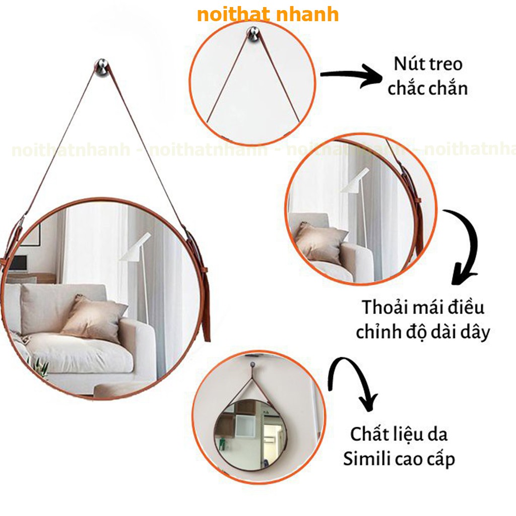 Gương tròn viền dây da treo tường FUNA đủ kích thước lựa chọn 40cm, 50cm