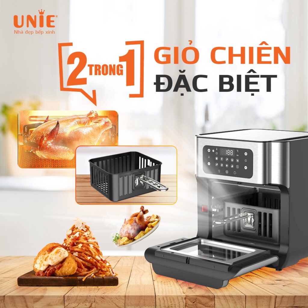 Nồi chiên không dầu Unie UE-1000 cao cấp, Lò nướng mini đa năng, Kiểu dáng sang trọng đẹp mắt, Bảo hành 12 tháng