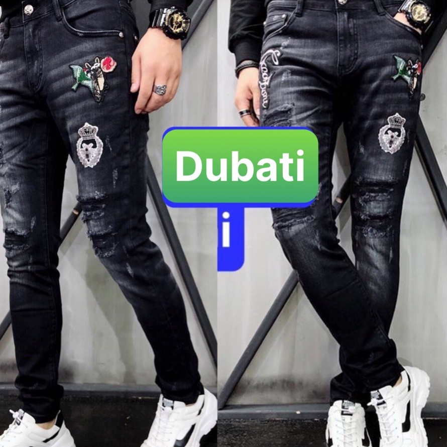 QUẦN JEAN NAM CHẤT BÒ THÊU HÌNH MÀU ĐEN PHOCNG CÁCH TRẺ TRUNG- DB 450- DUBATI FASHION