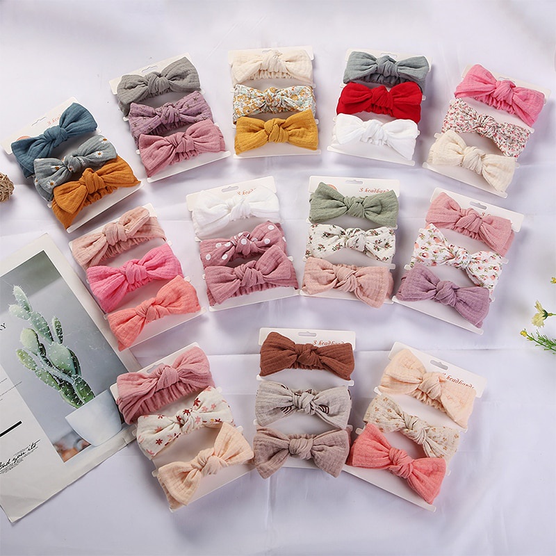 Set 3 Băng Đô Nơ Họa Tiết Chấm Bi Màu Trơn Dành Cho Bé Gái
