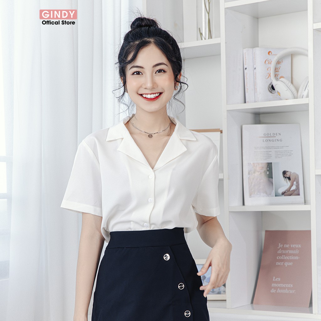 Áo sơ mi nữ trơn GINDY form rộng tay ngắn cổ bẻ vải lụa nhật dáng suông nhiều màu sơmi kiểu Hàn Quốc A5145 | BigBuy360 - bigbuy360.vn