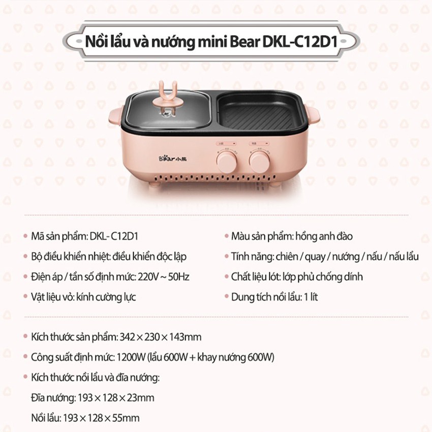 Nồi lẩu nướng đa năng Bear, dung tích 1.5L - 4L, bếp lẩu nướng mini lẩu và nướng - KitchenMart (Bảo hành 18 tháng)