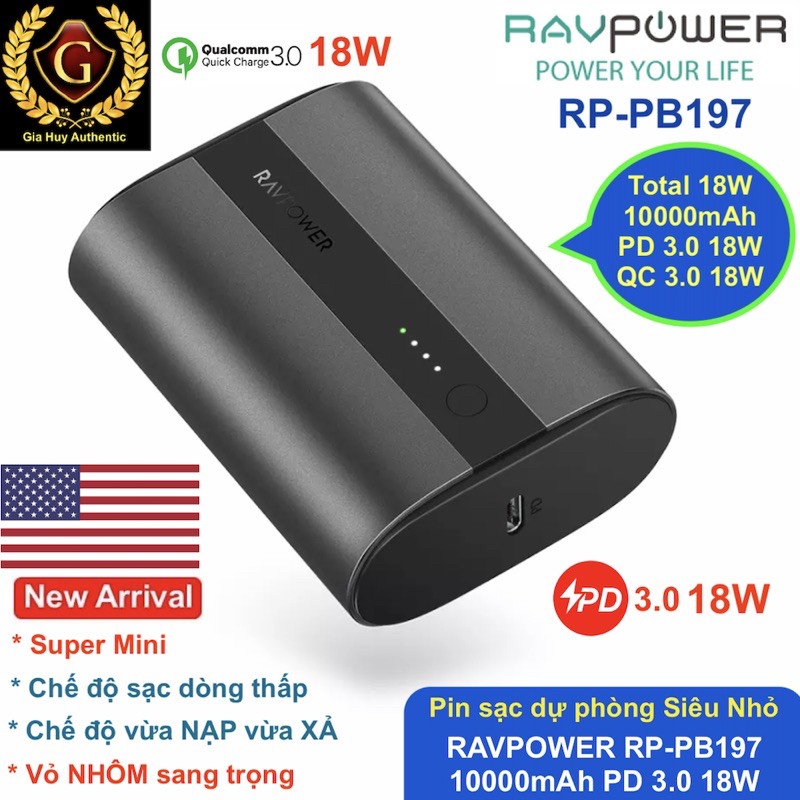 Pin sạc dự phòng Super Mini, thân Nhôm sang trọng RAVPOWER RP-PB197 10000mAh PD 3.0 18W &amp; QC 3.0 18W