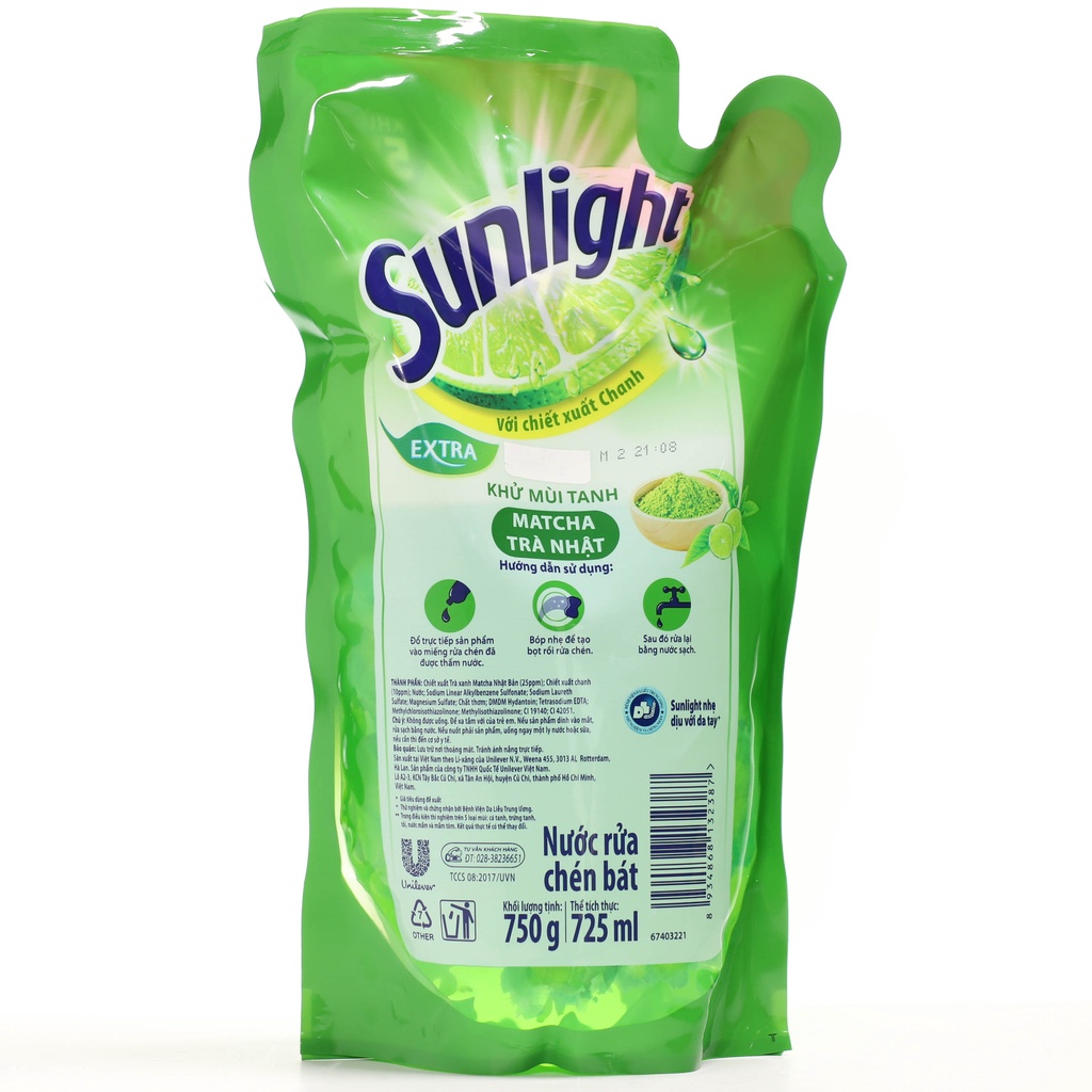Nước rửa chén SUNLIGHT trà xanh/ muối lô hội túi 750g