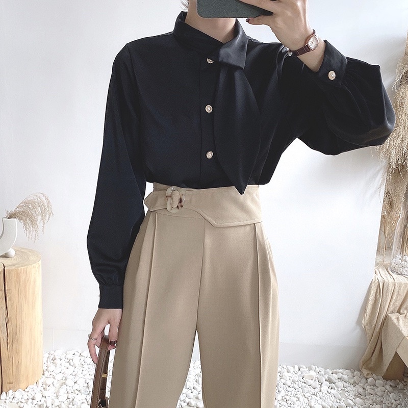 Áo sơ mi lụa cổ buộc nơ dành cho nữ phong cách hàn quốc