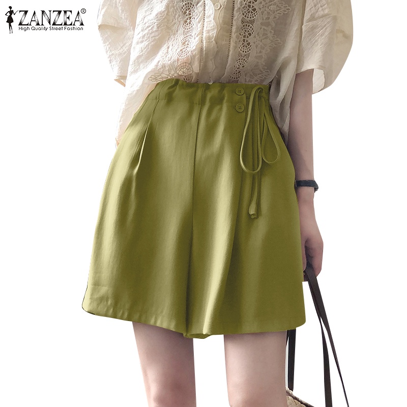 Zanzea Quần Short Lưng Thun Rút Dây Màu Trơn Trang Trí Nút Thời Trang Cho Nữ