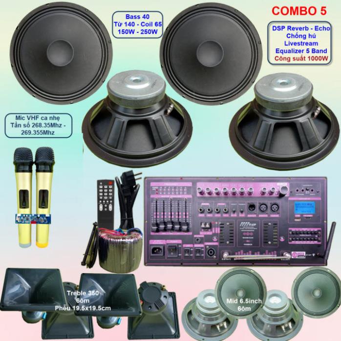 Mạch loa kéo 4 Bass 4 tấc 1000W DSP Reverb Echo có chống hú Livestream - Equalizer 5 Band kèm 2 tay mic
