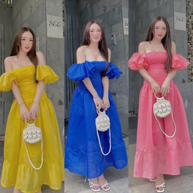 Maxi tơ kiếng áo croptop kiểu bẹt/hở/trễ/rớt vai + chân váy dài, set đầm xoè hotgirl đi chơi/biển du lịch vàng/hồng/xanh