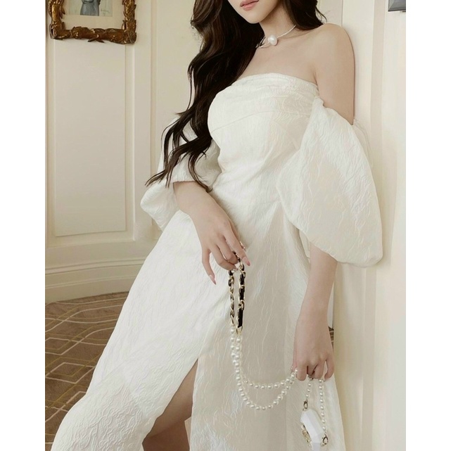 Đầm gấm cúp ngực tay bồng