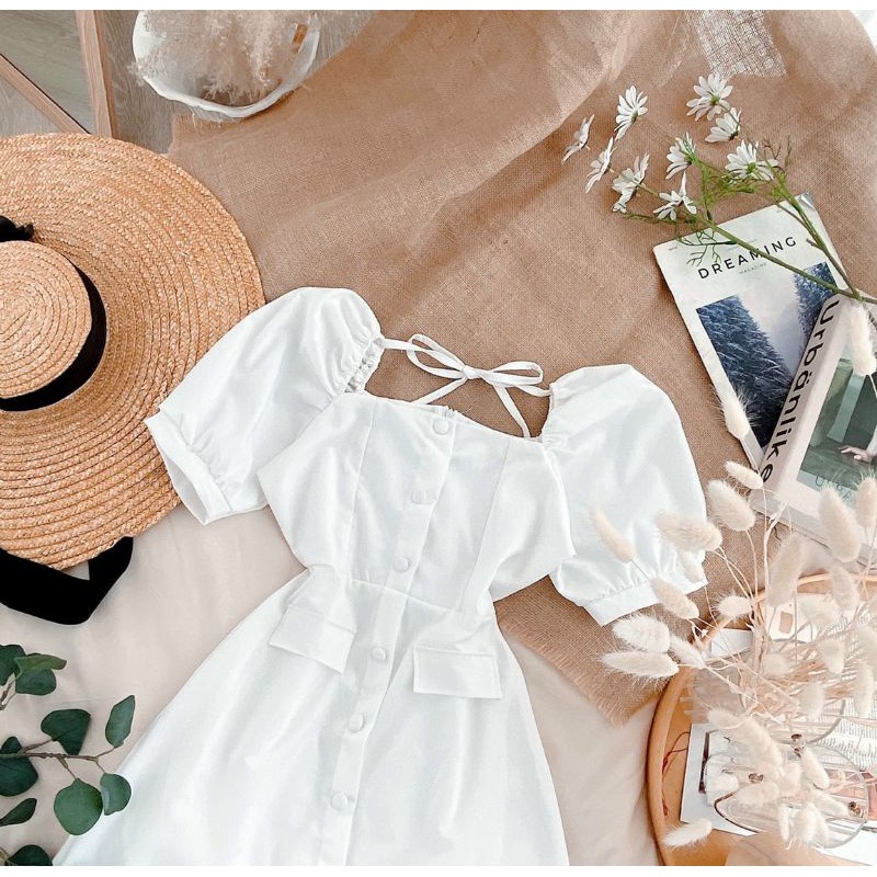 đầm basic 2 màu nút giả nơ cổ