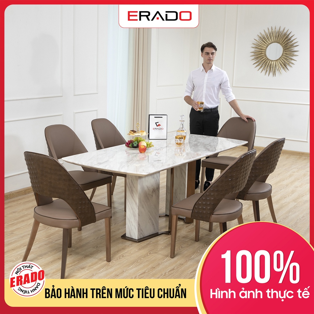 Bộ bàn ăn trắng Volakas cao cấp, kèm 6 ghế ăn bọc da hạng sang, bàn ghế ăn mặt đá trắng hiện đại mã T1712-2M