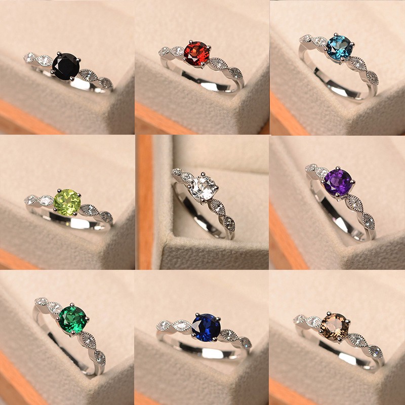 S925 Nhẫn đính đá topaz tròn màu đỏ xanh dương nhiều màu sắc tùy chọn phong cách Âu Mỹ sang trọng thời trang