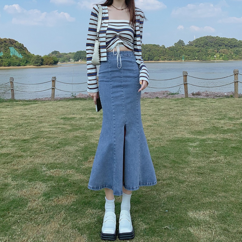 Chân váy jeans dài body đuôi cá xẻ tà giữa co giãn tốt siêu phẩm Hàn Quốc