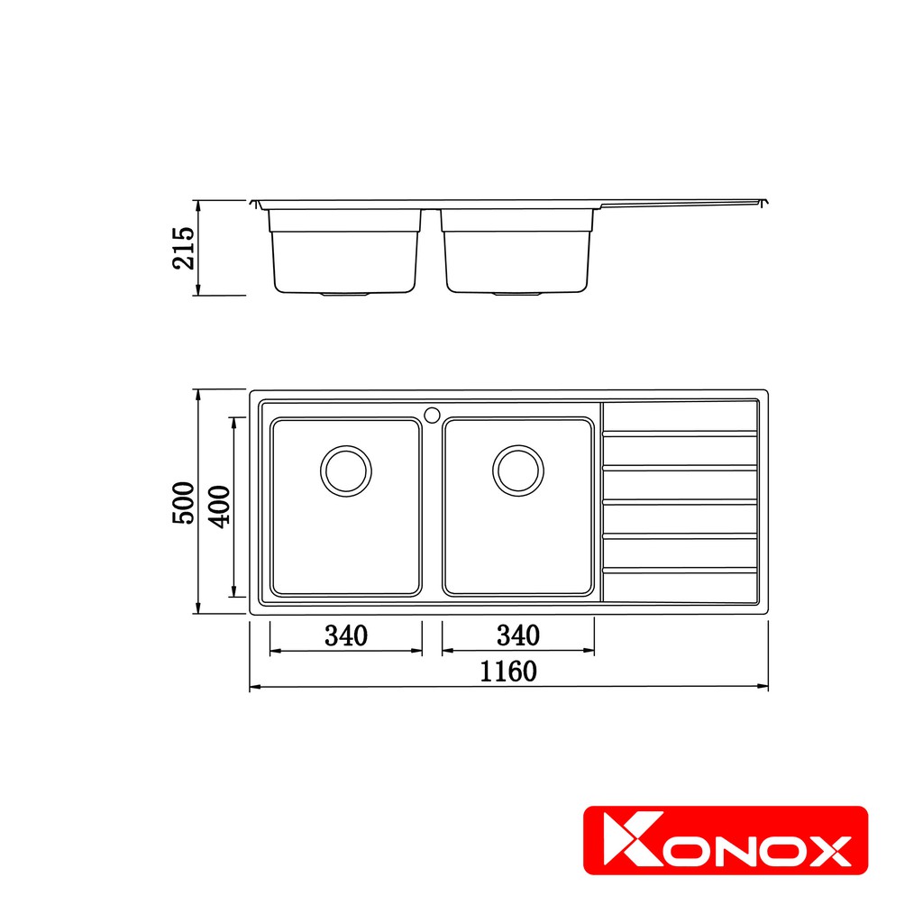 Chậu rửa bát có bàn chờ KONOX European Premium KS11650 2B inox 304AISI, full set gồm Siphon+Giá úp bát inox