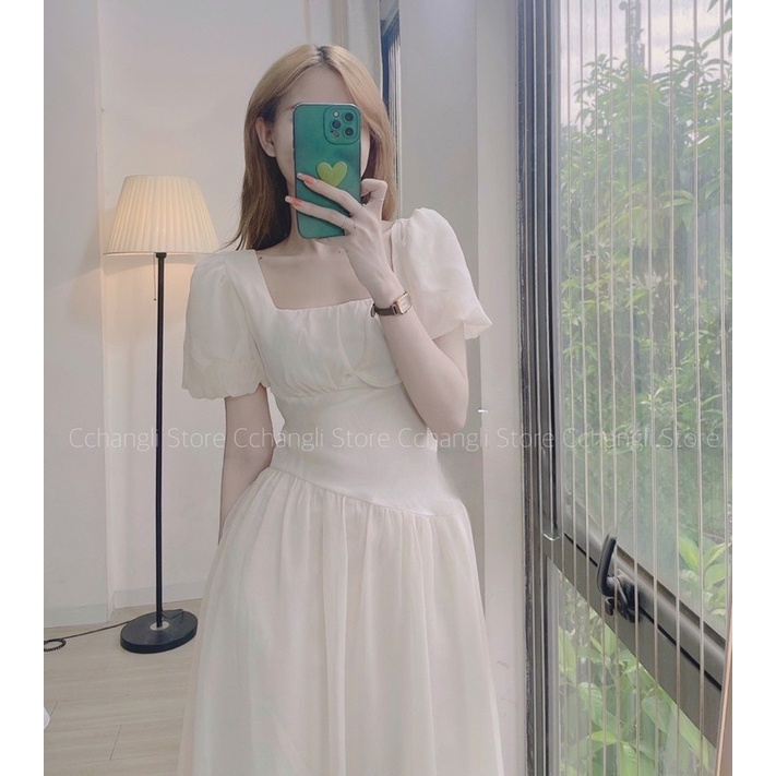 Váy tay bồng cổ vuông, Đầm dự tiệc xếp ly hông dáng xoè có túi cực hot hit