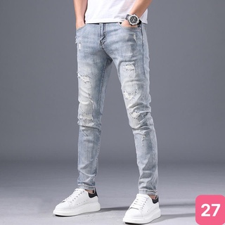 Quần jean nam xanh nhạt trơn rách gối chất bò cao cấp co dãn 4 chiều, quần rin nam mới cực đẹp HB27 mẫu mới
