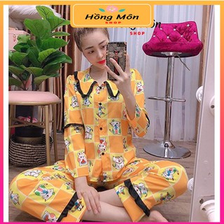 [ FREESHIP + SIÊU GIẢM GIÁ ] Set Bộ Nữ mặc Nhà Dài tay ,Bộ Đồ Ngủ Lụa Tiểu Thư In Hình Mèo