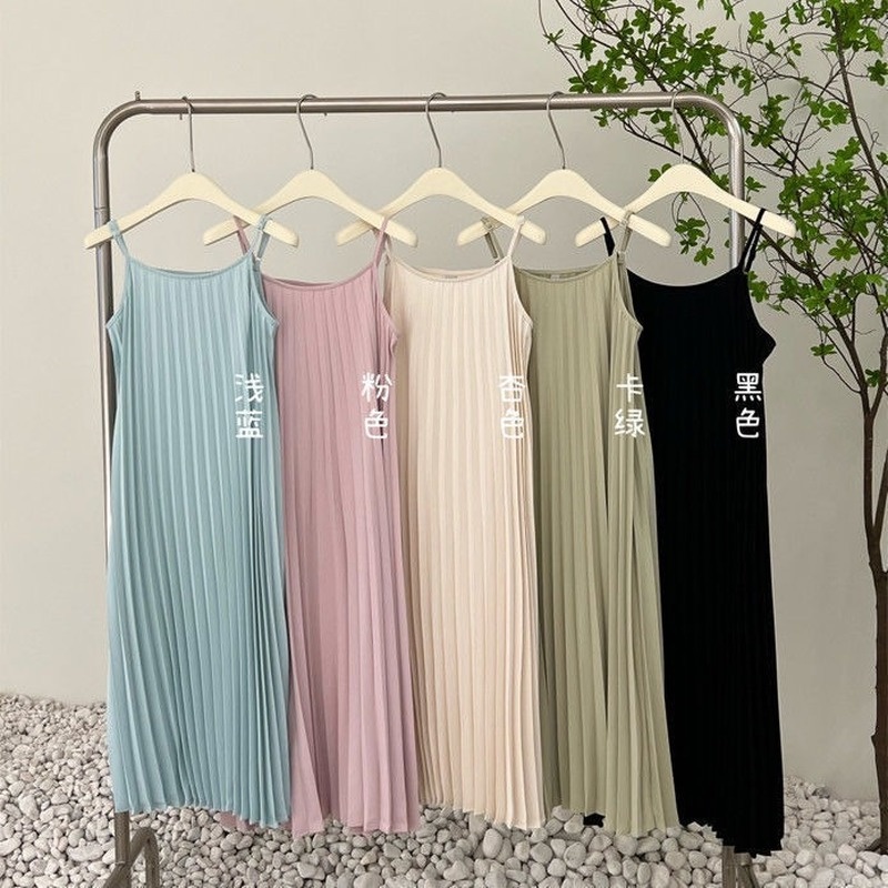 Đầm Hai Dây Xếp Ly Màu Trơn Dáng Rộng Phong Cách Hàn Quốc Hàng Mới Dành Cho Bạn Nữ