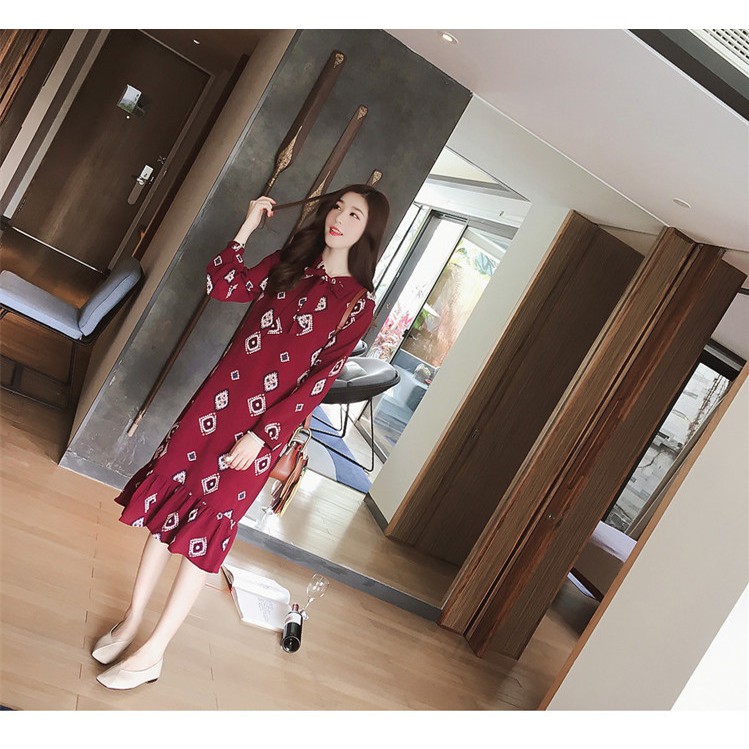 Đầm suông hè 2019 mới chất voan họa tiết nơ cổ dài tay SP.01525