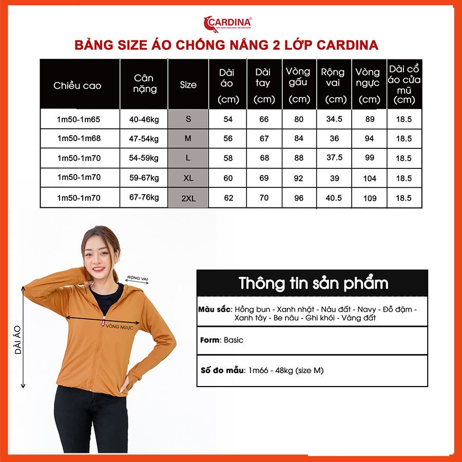 Áo chống nắng nữ CARDINA 2 lớp chất thun lạnh cao cấp chống tia UV thiết kế lưới tản nhiệt 2NF2