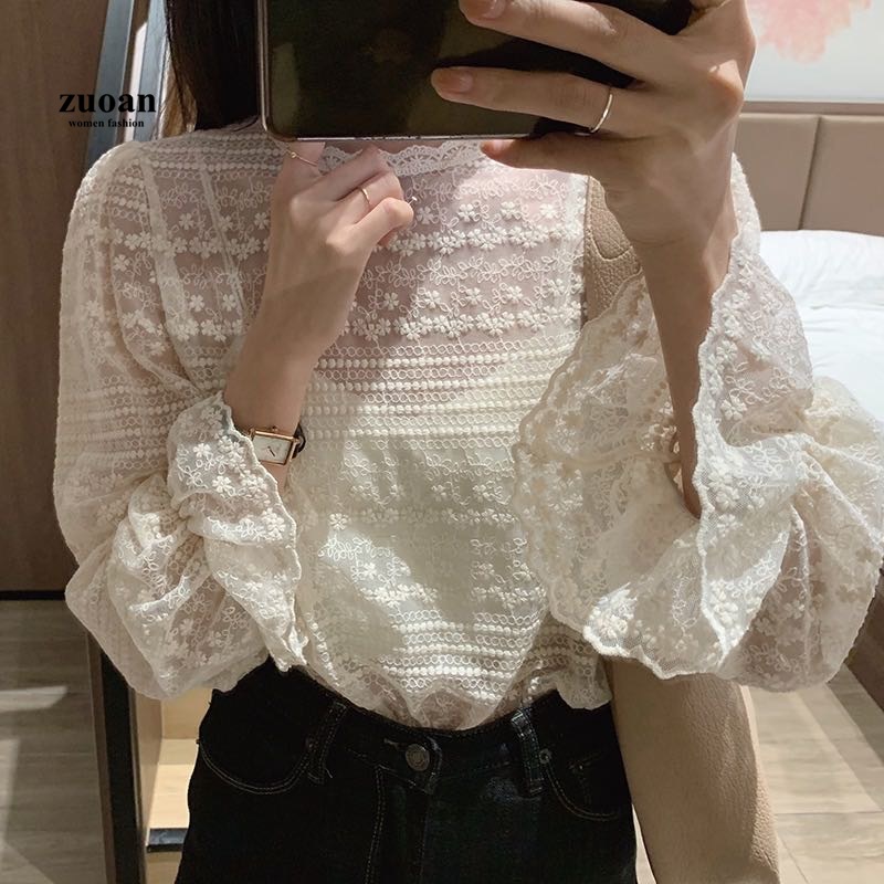 SUXI Áo Blouse Nữ Tay Dài Phối Ren