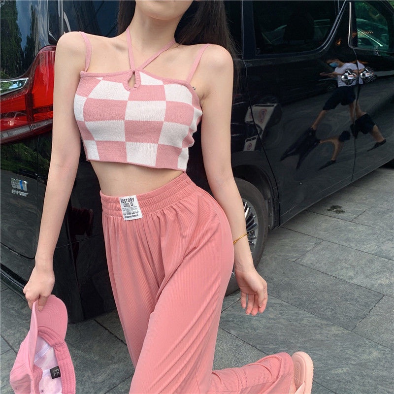 Áo Hai Dây Dệt Kim Kẻ Sọc Kim Cương Retro Mùa Hè Cho Nữ