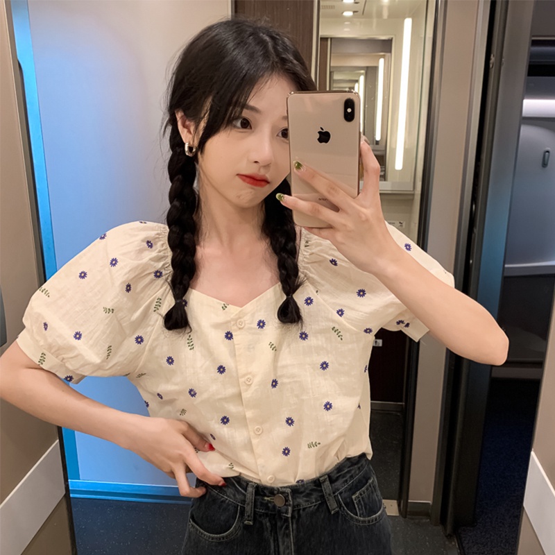 Áo sơ mi tay ngắn họa tiết hoa thời trang mùa hè xinh xắn cho nữ