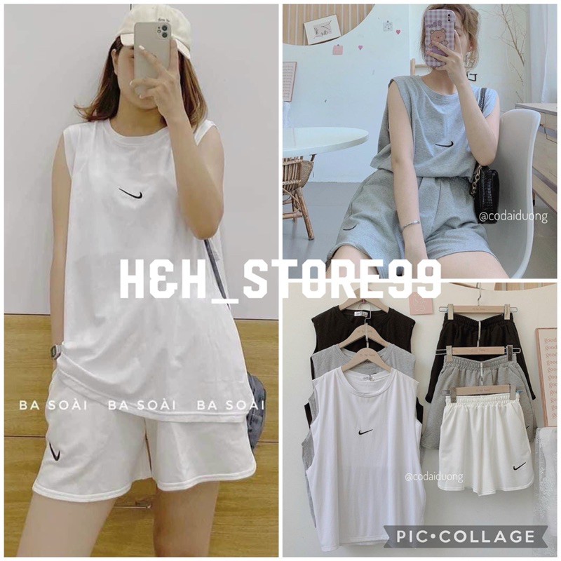 Set áo tanktop quần short đùi nam nữ in logo NI.KE 🌸Bộ cộc tay from rộng ulzzang trơn basic🌸 Set thun unisex dạo phố