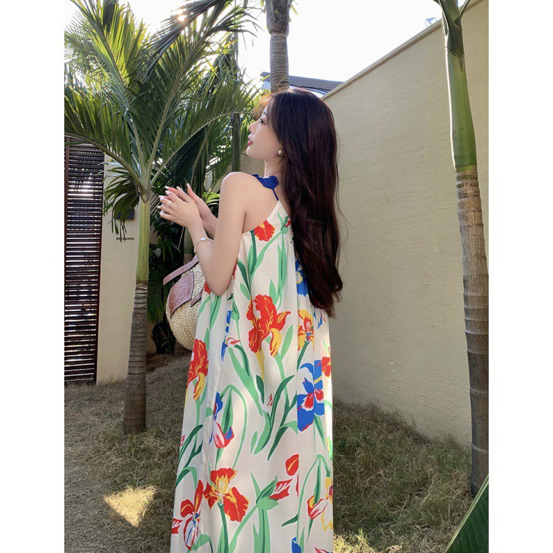 Váy maxi hoa, váy (đầm) đi biển có 2 dây cách điệu