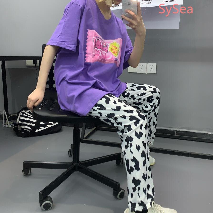 Quần dài lưng thun ống rộng họa tiết da bò sữa cá tính cho nữ