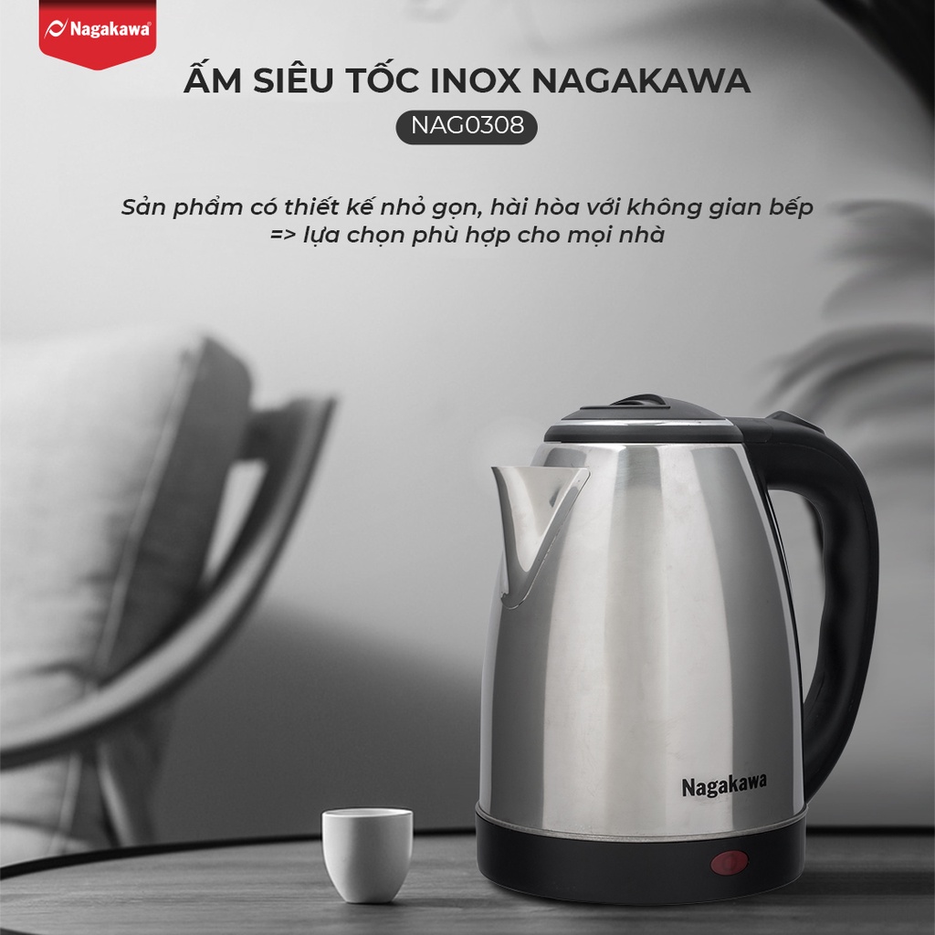 Ấm siêu tốc inox 1.8 lít Nagakawa - bảo hành 12 tháng