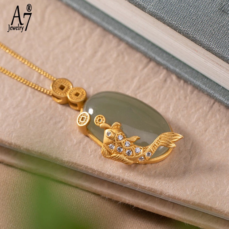 Vòng cổ Mạ Bạc 925 Mặt Hình Cá Chép Đính Đá Ngọc Lam Phong Cách Retro