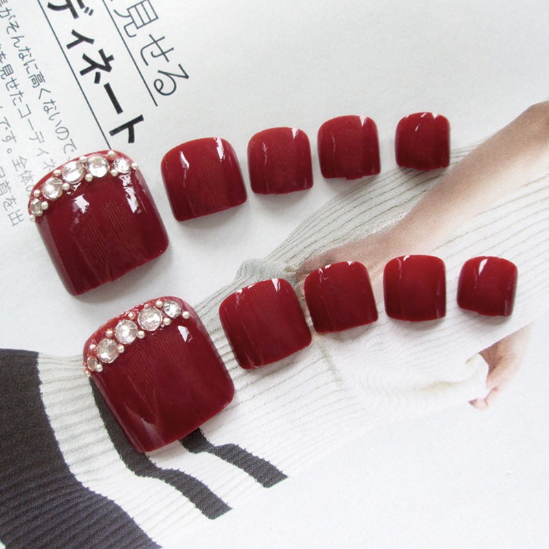 Set 24 Móng Chân Giả Đính Đá Màu Đỏ