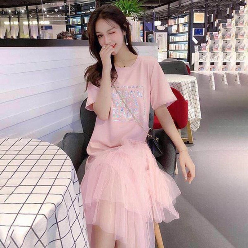 Đầm IELGY tay ngắn cổ tròn phối lưới mỏng thời trang cho nữ