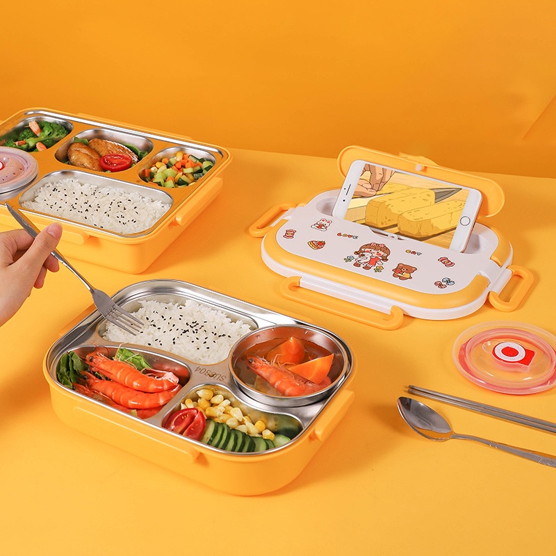 Hộp Cơm Văn Phòng Giữ Nhiệt INOX 304 Loại 1500 ml và 2000ml Kèm Bộ Đũa Thìa Muỗng Cá Nhân
