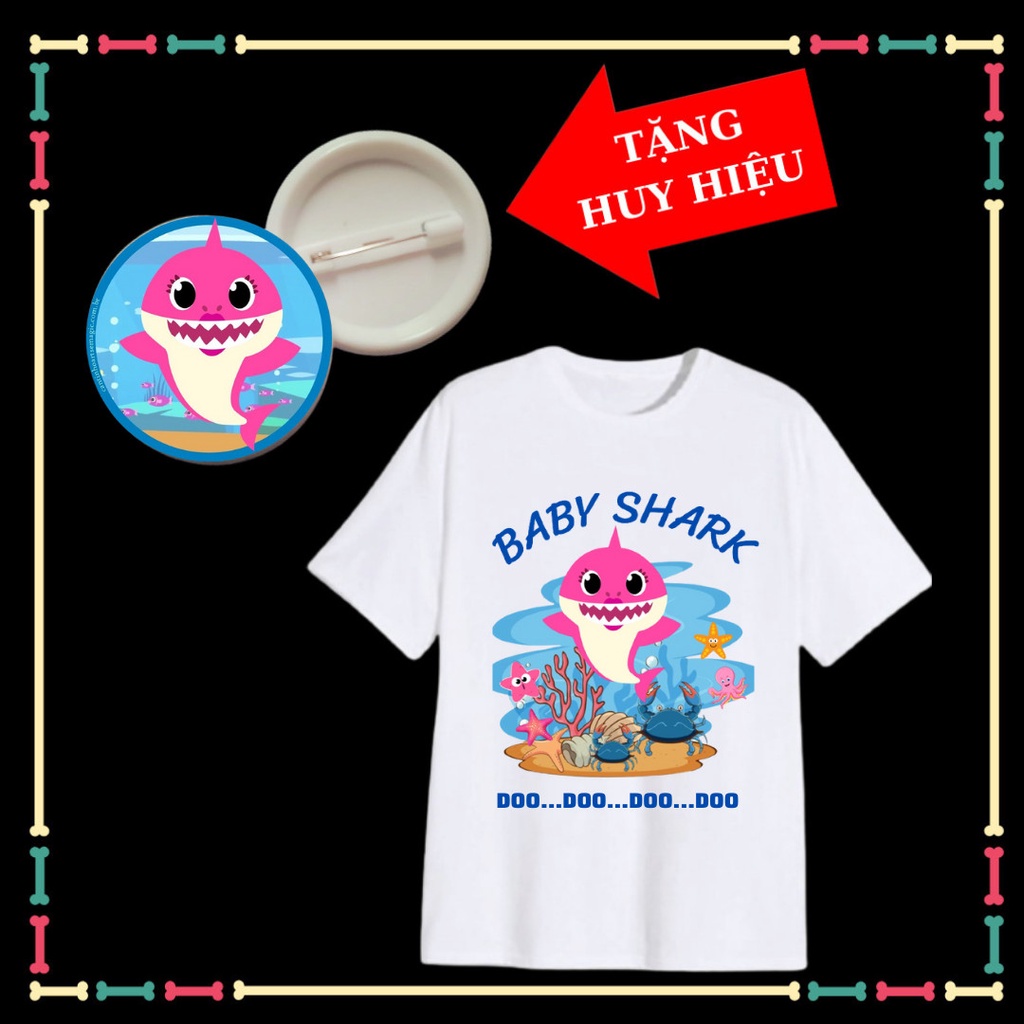 Áo thun Baby Shark bé gái, bé trai dễ thương, vải thun co giãn 4 chiều, đủ size áo, kèm huy hiệu Babyshark