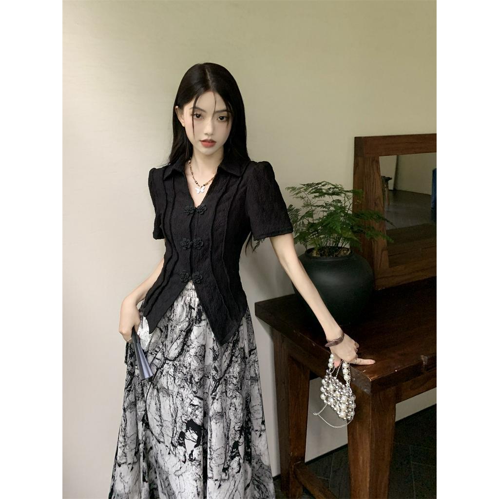 Đầm Sơ Mi Cổ Mép Lật Eo Cao Ngắn Tay Phong Cách Retro 63360