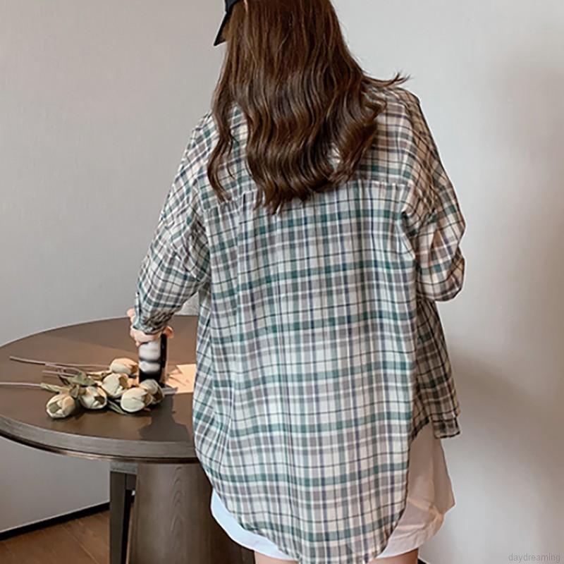 Women Plaid Print Lapel Shirt Loose Single-breasted Long Sleeve Blouse | BigBuy360 - bigbuy360.vn