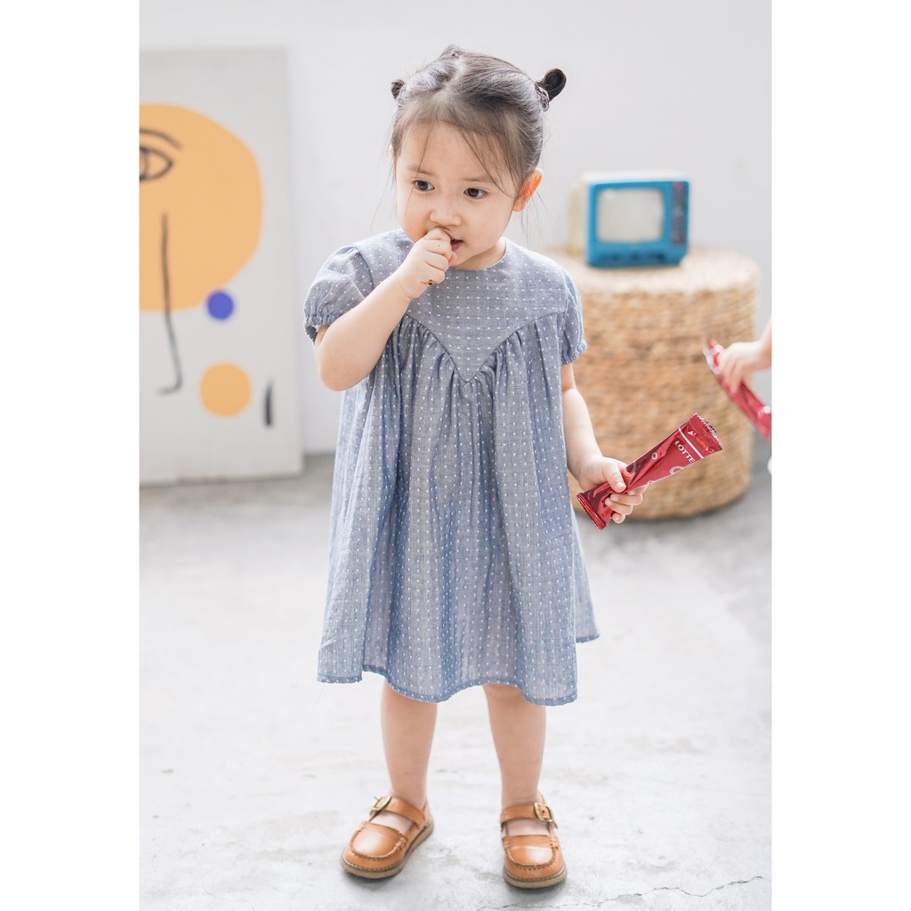 [Váy đầm thiết kế cho bé gái] - JOLIE DRESS - Váy babydoll vải xô 2 lớp chấm bi màu xanh ghi TINYBELL
