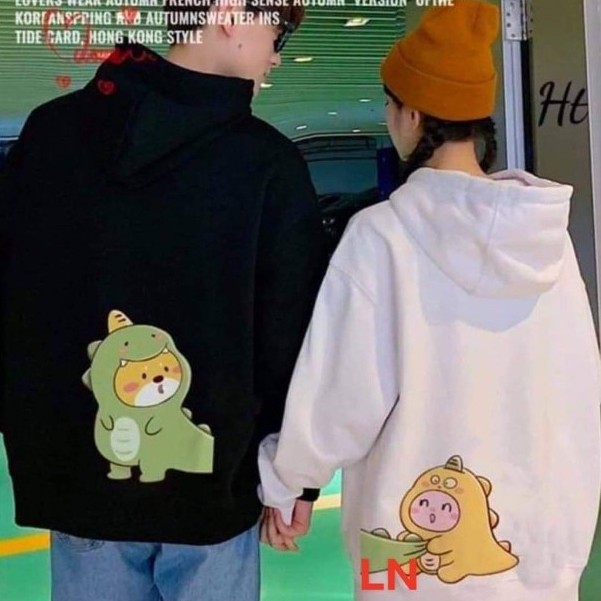 Áo Hoodie Cặp Đôi Unisex Siêu Xinh Cute Nam Nữ Thu Đông Chất Nỉ Ấm Áp In Hoạt Hình Dễ Thương Khủng Long Bám Đuôi